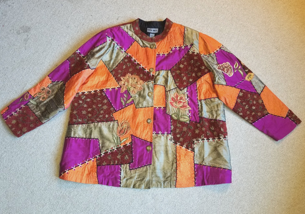 Womens Jacket-INDIGO MOON-purple/orange/beige patchwork embroidered BOHO arty-3X